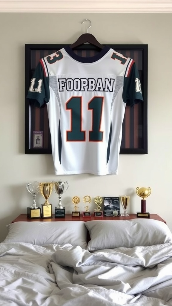 A football jersey displayed on a wall with trophies on a bedside table.