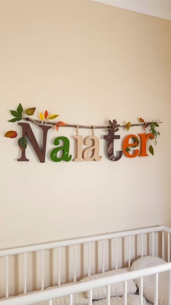 Woodland-inspired name banner made of natural elements, hanging above a crib