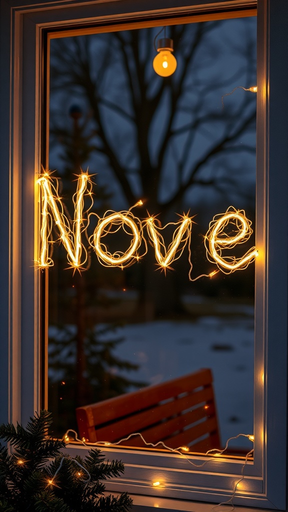 String lights forming the name 'Nove' in a window with a soft background glow