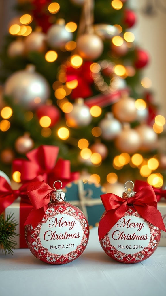 Two personalized Christmas ornaments with festive bows in front of a decorated Christmas tree