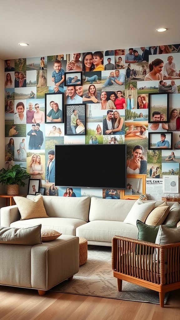 Living room with a wall decorated with various family photos and a television in the center.