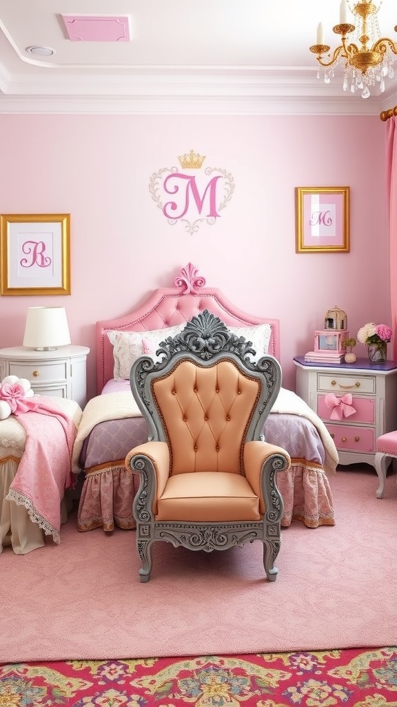 A beautifully designed princess bedroom with pink tones, elegant furniture, and personalized decor.