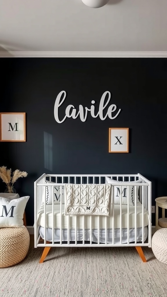 A stylish nursery showcasing personalized decor with a crib, pillows, and framed letters on a dark wall.