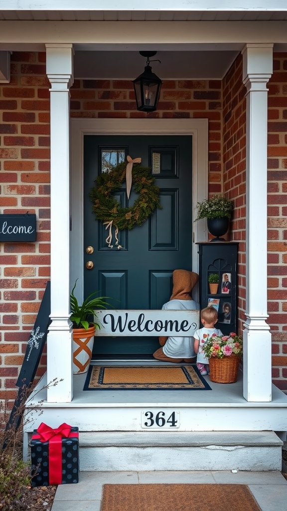 A cozy small porch with a welcome sign, plants, and a child interacting with the space.