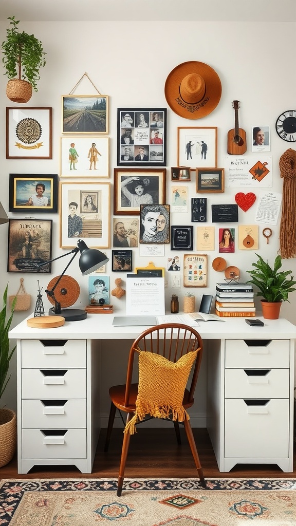 A cozy boho home office featuring a gallery wall with various frames and decor, a stylish desk with a chair, and plants.