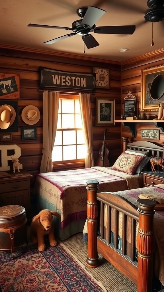 A cozy Western-style bedroom with wooden walls, soft bedding, cowboy hats, and a stuffed dog.