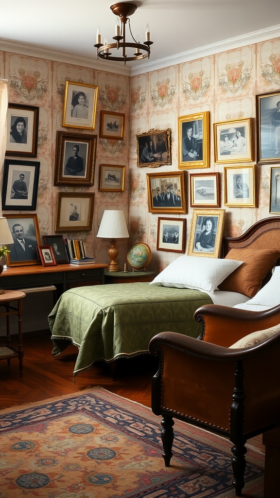 A vintage bedroom with framed photographs on the walls, a green bedspread, and warm lighting.