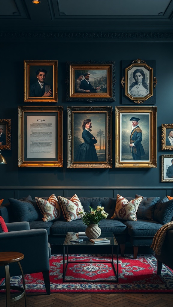 A dark academia living room featuring a wall with various framed portraits and a cozy seating arrangement.