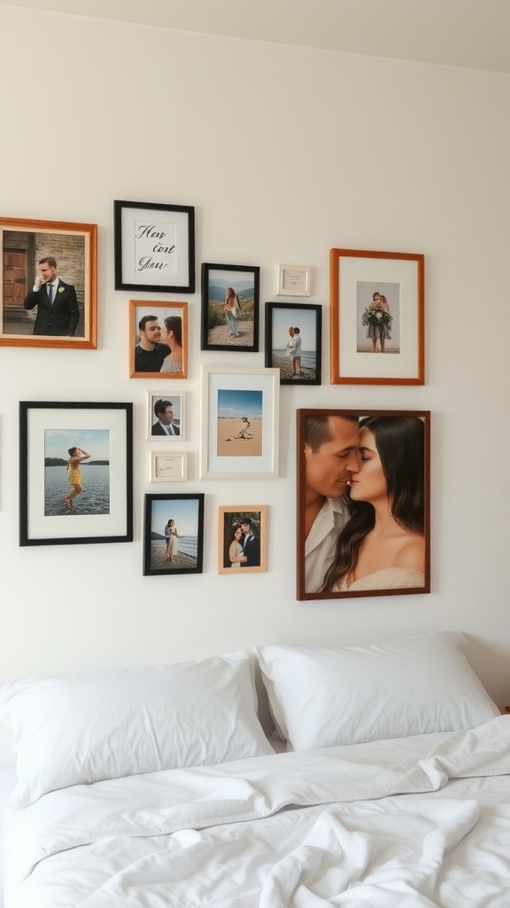 A wall decorated with various framed photos of a couple, including candid moments and special occasions.