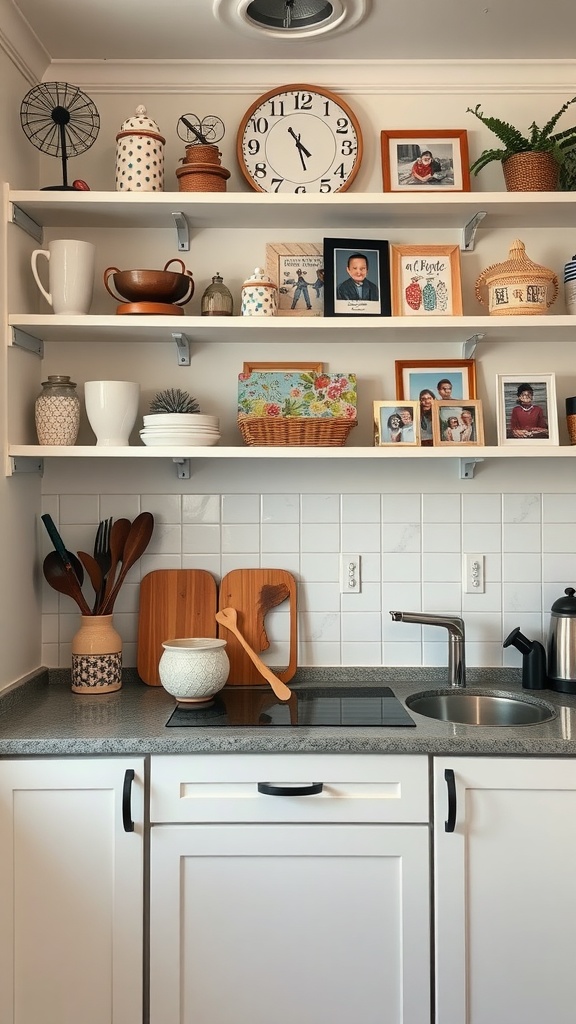 A kitchen with open shelving displaying a mix of decor, utensils, and family photos.