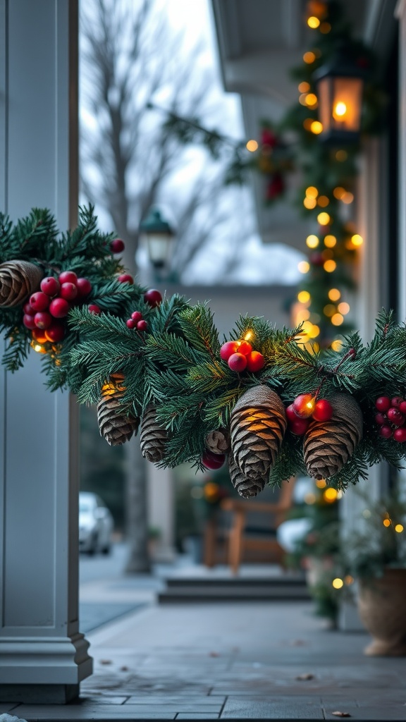 A festive garland featuring pine cones and red berries adorned with embedded lights on a front porch.