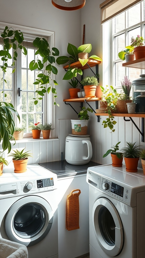 A bright and inviting laundry room decorated with various plants in terracotta pots, showcasing a cozy and rustic ambiance.