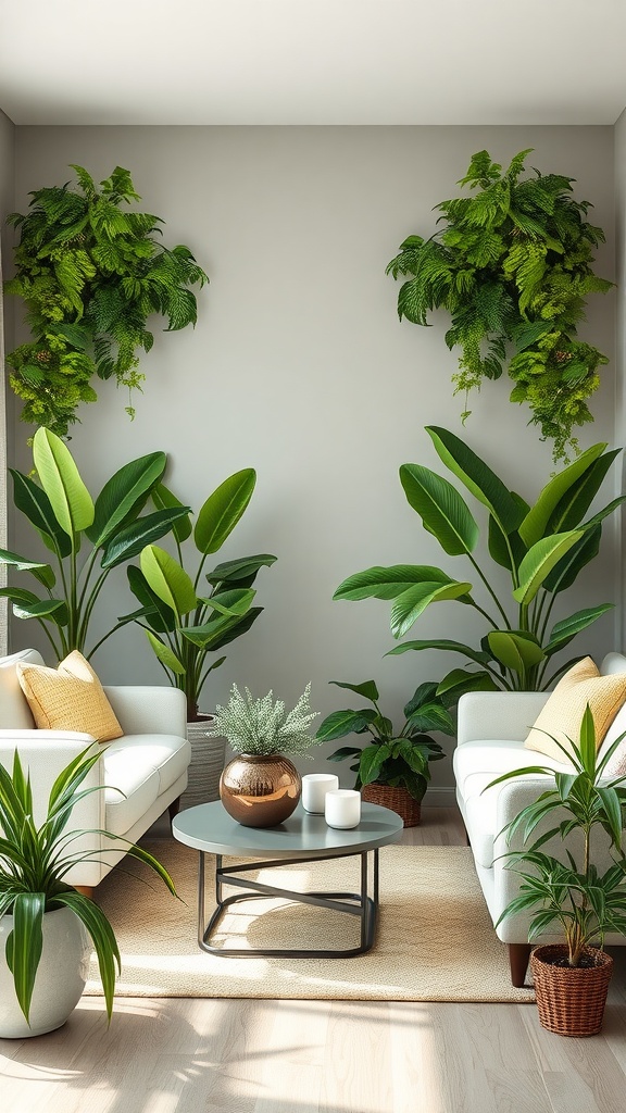 A sage green living room featuring white furniture and various indoor plants for a fresh look.