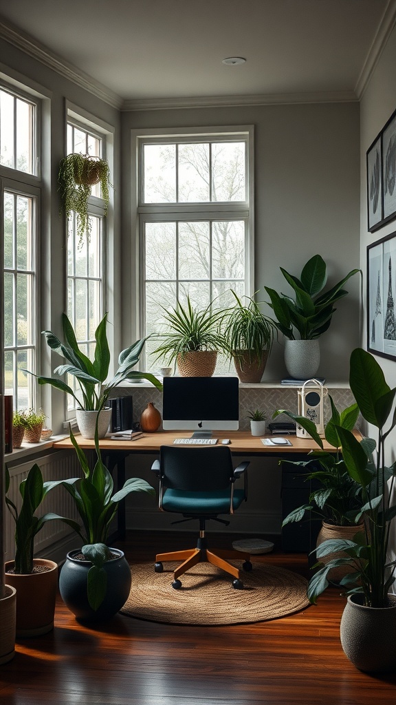 A cozy home office with large windows, natural light, and various indoor plants.