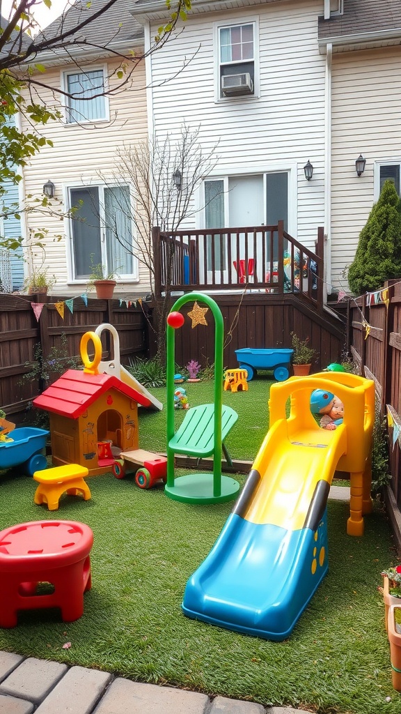 Colorful play area for kids featuring a slide, playhouse, swing, and toys in a townhouse backyard.