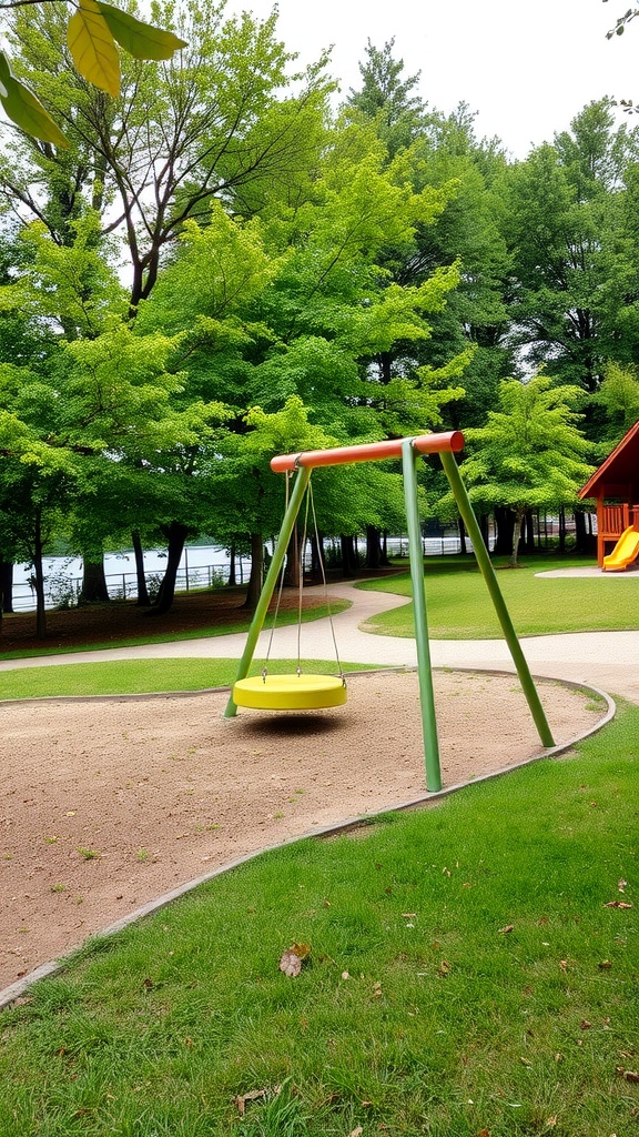 A vibrant swing set on a gently sloped grassy area surrounded by trees.