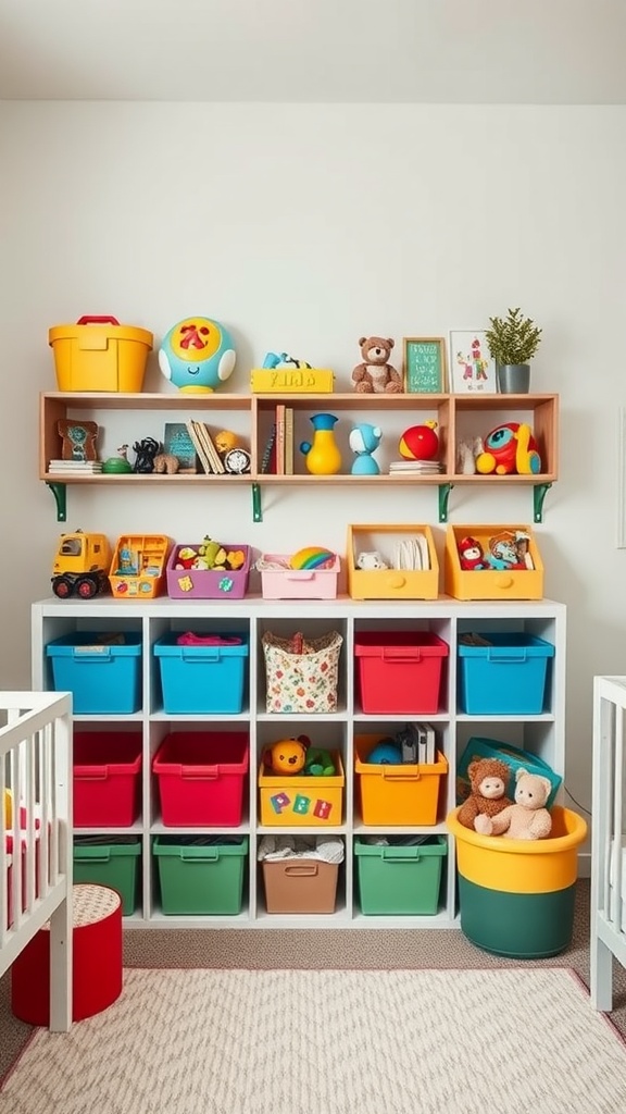 Colorful storage solutions in a kids' nursery, featuring various bins and shelves filled with toys and books.