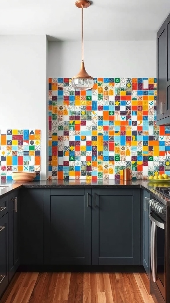 Colorful patchwork backsplash in a modern kitchen with dark cabinetry and copper accents