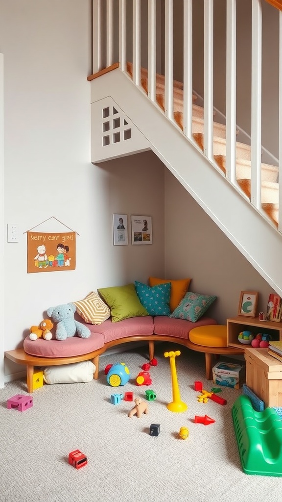 Cozy kids' nook under a staircase with toys and colorful cushions