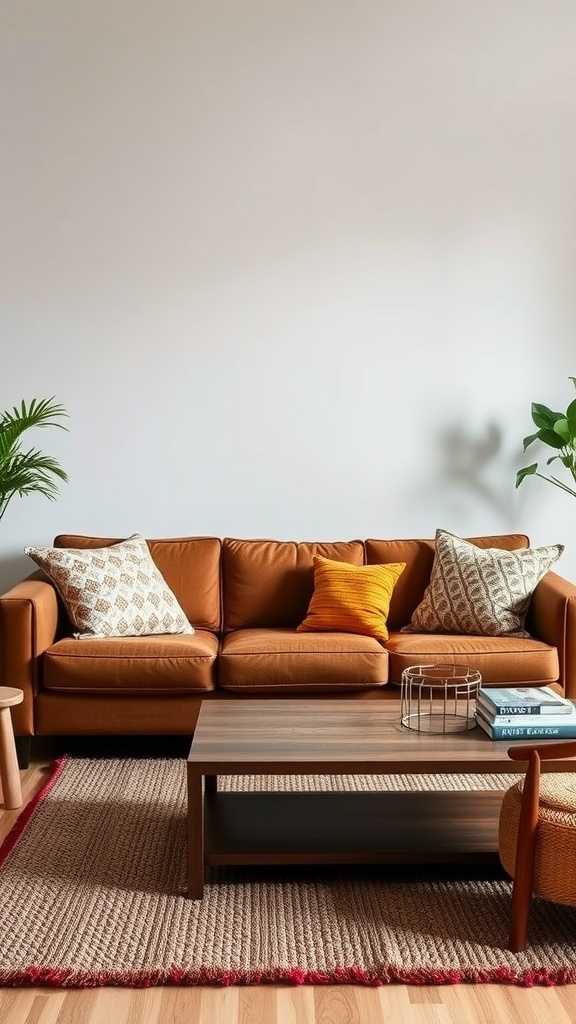 Cozy living room featuring a brown sofa with patterned and textured pillows, a wooden coffee table, and plants.