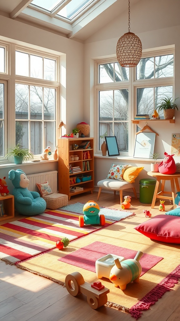 A bright and colorful porch sunroom designed for kids, featuring play areas with toys, soft rugs, and natural light.