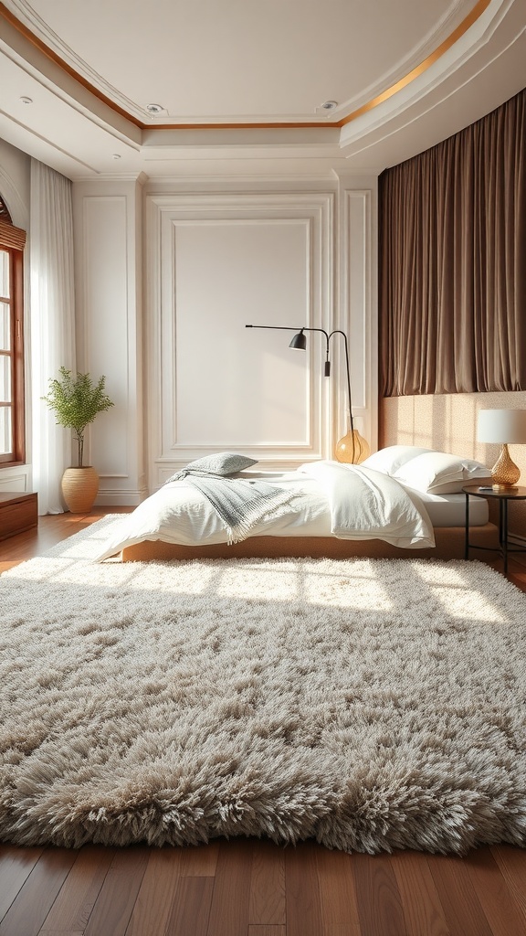 A modern bedroom featuring a plush area rug, soft bedding, and warm lighting.