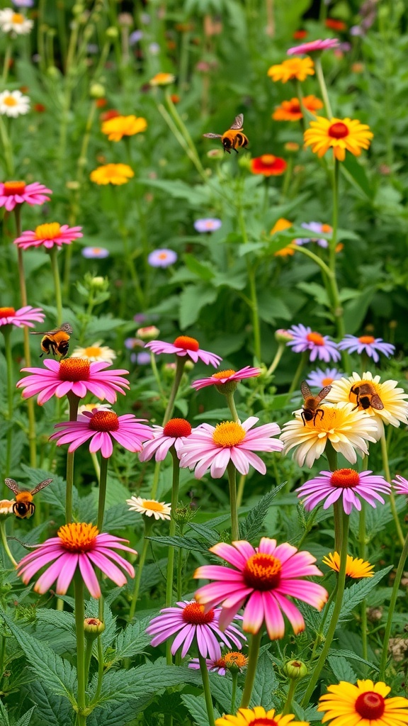 Colorful flowers in a garden with pollinators, showcasing a vibrant mix of blooms attracting bees.