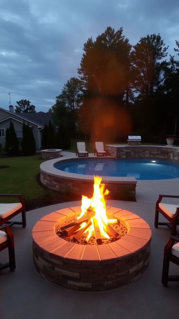 A fire pit with flames surrounded by chairs next to a pool during twilight.