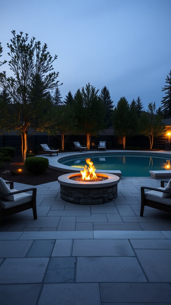 Cozy fire pit by a pool, surrounded by seating and illuminated trees at dusk.