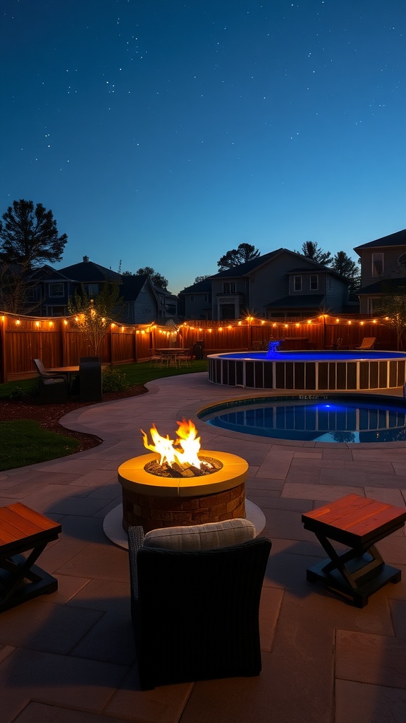 An outdoor pool area featuring a fire pit, surrounded by chairs and string lights, set against a twilight sky.