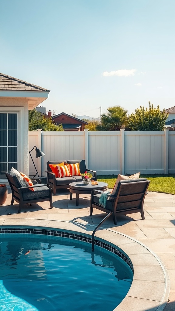 Cozy poolside furniture setup with chairs, table, and decorative flower arrangement.