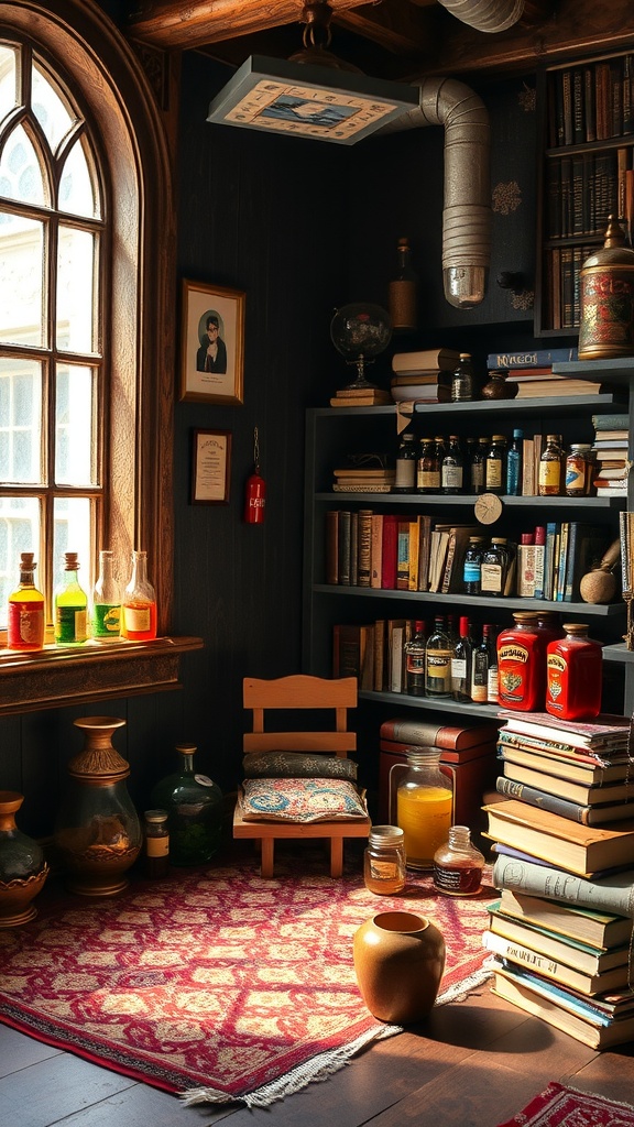 A cozy potions corner with colorful bottles, a chair, and bookshelves filled with books and jars.