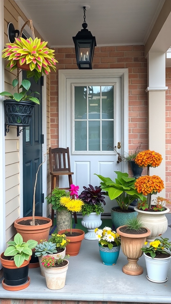 A variety of colorful potted plants arranged on a small porch, featuring a mix of flowers and greenery.