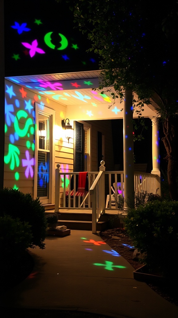 A front porch decorated with colorful projector lights displaying various shapes and patterns