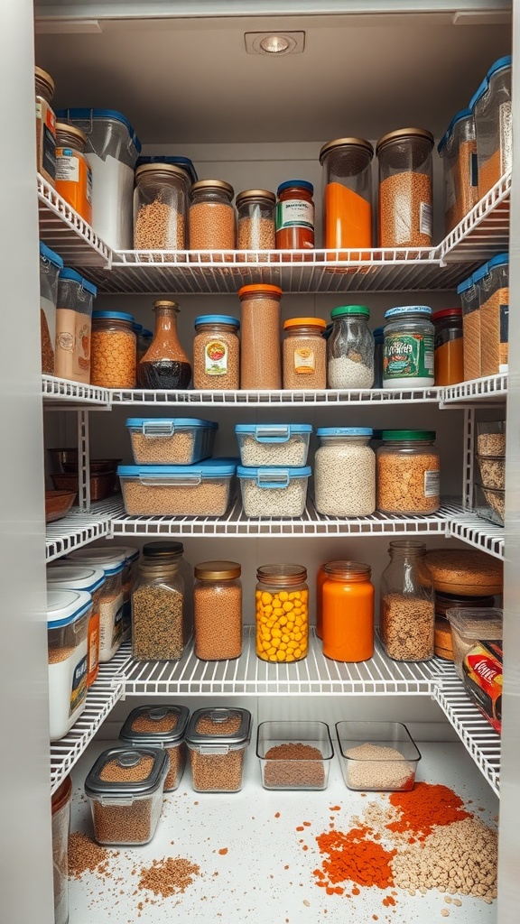 Organized pantry shelves filled with jars and containers