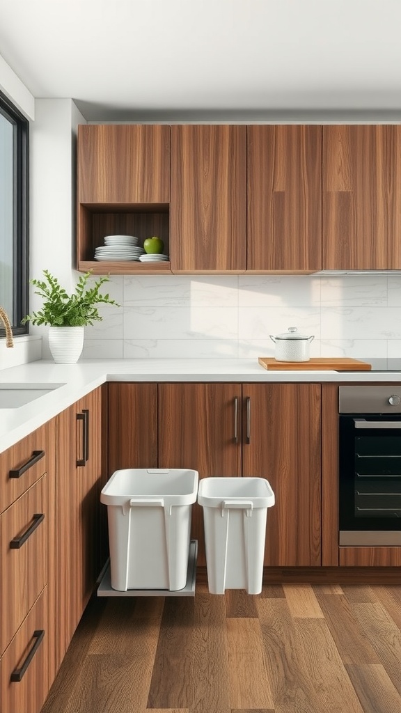 A modern kitchen with pull-out bins for trash and recycling under the counter.