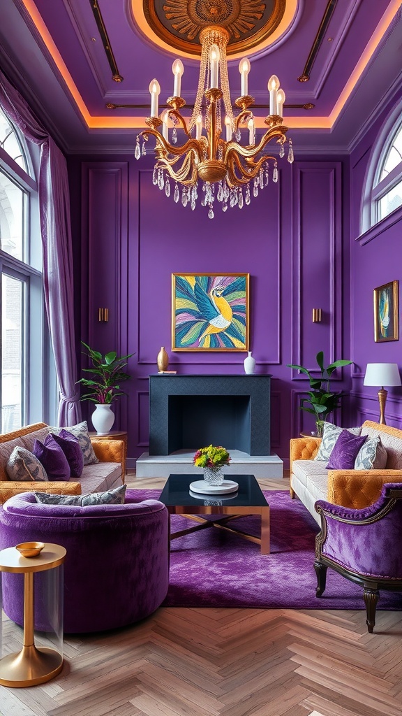 A stylish living room featuring a purple and gold color palette with elegant furniture and decor.