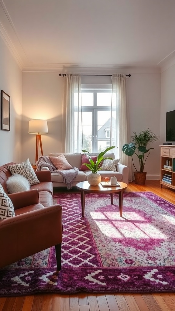 A cozy living room featuring a purple area rug, brown leather couches, and a bright atmosphere.