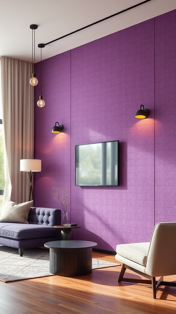 A cozy living room featuring purple textured wall panels, a purple sofa, and stylish lighting.