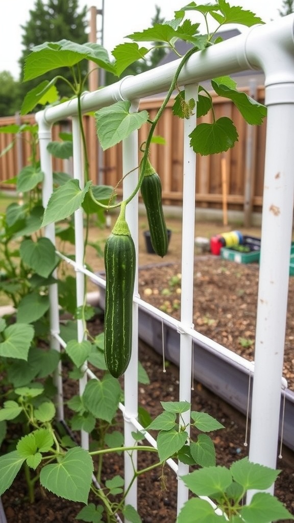 PVC pipe trellis supporting cucumber plants with cucumbers hanging down.