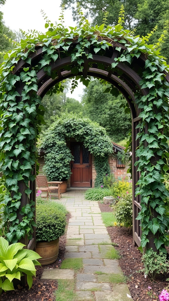 A charming wooden arbor covered in green vines, leading to a cozy garden pathway with flower beds and a wooden door.