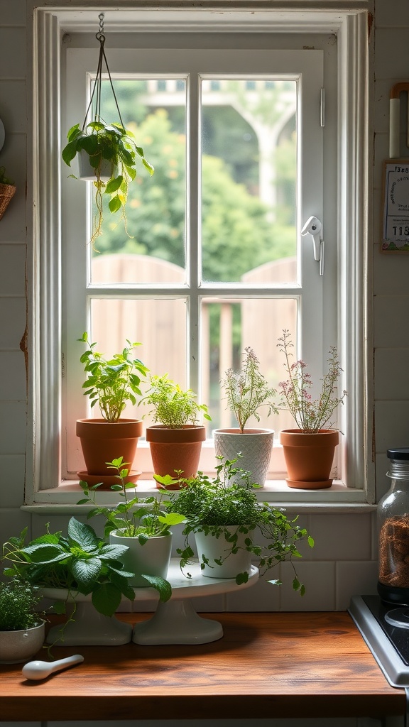 A cozy kitchen windowsill with various potted herbs, including basil and mint, creating a charming herb garden.