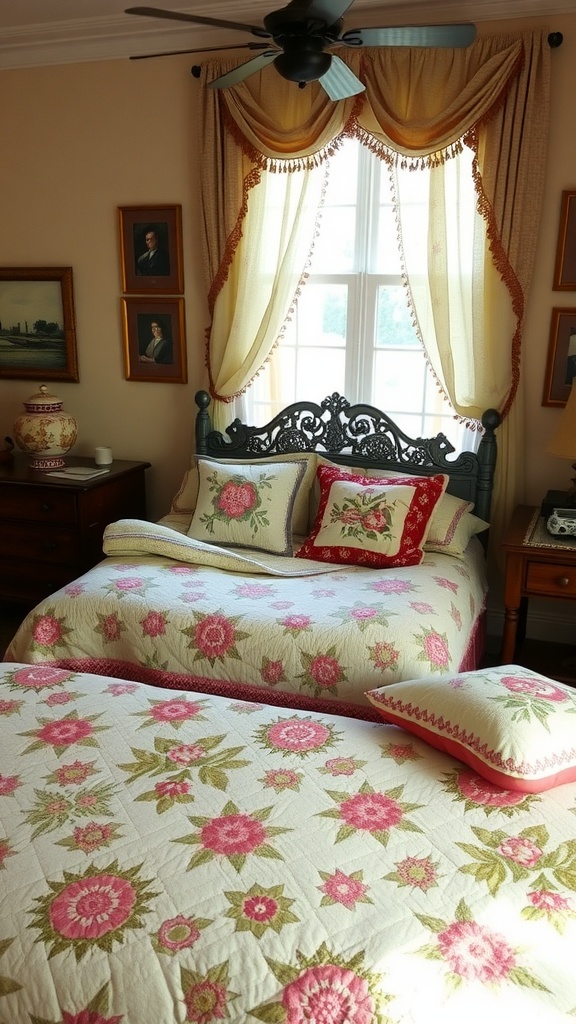 A vintage bedroom with quilted bedspreads and decorative pillows featuring floral patterns.