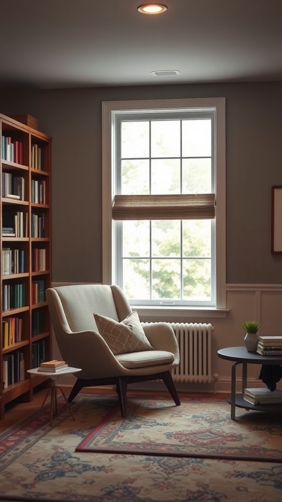 Cozy reading nook with a comfortable chair, bookshelves, and a window