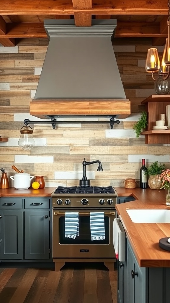 Farmhouse kitchen with reclaimed wood backsplash and modern stove