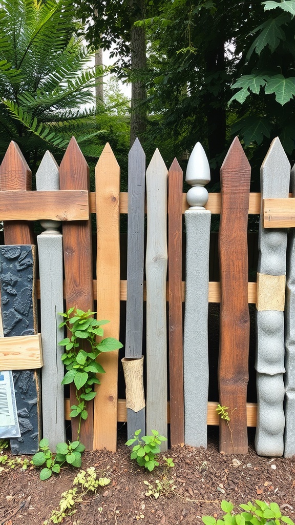 A garden fence made from recycled materials, featuring a mix of wood and stone textures against a green background.