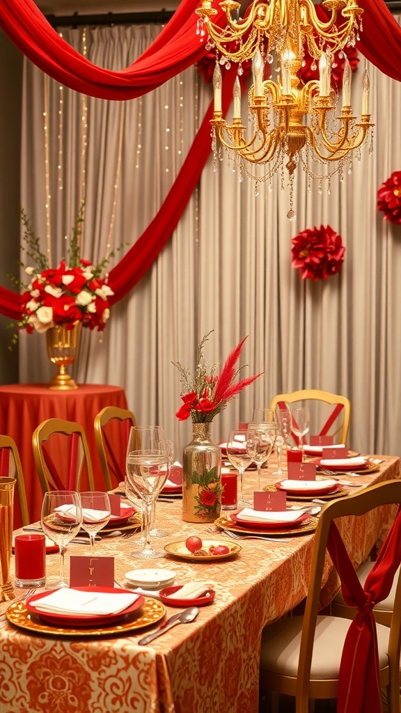 A beautifully decorated Christmas wedding table featuring a red and gold color palette.