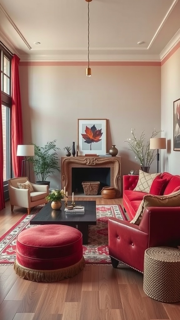 A stylish living room featuring a red velvet sofa, neutral furniture, and vibrant decor.