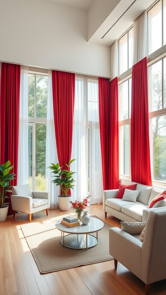 A bright living room featuring red curtains, natural light, neutral furniture, and greenery.