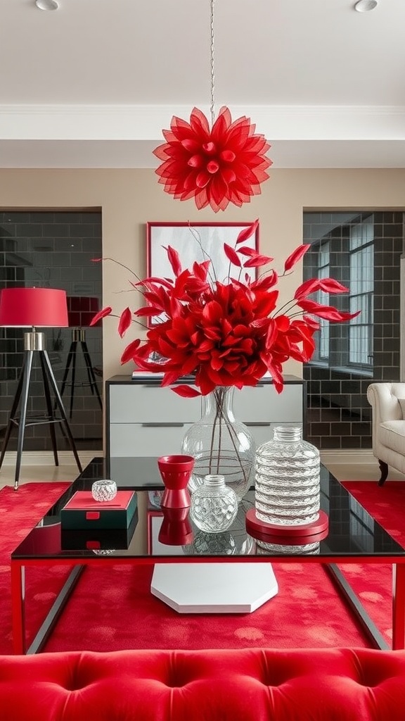 A stylish living room featuring red decorative accessories including flowers, a pendant light, and various decorative items on a coffee table.